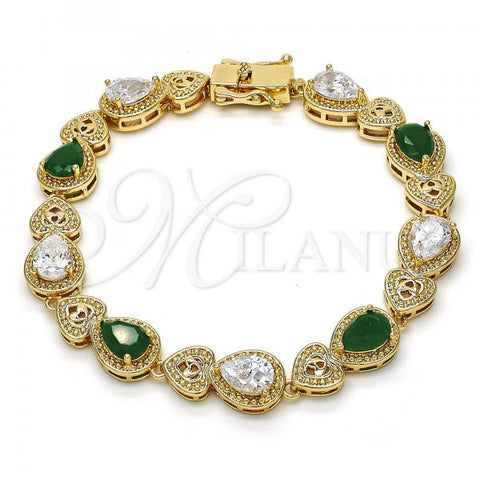 Oro Laminado Tennis Bracelet, Gold Filled Style Heart and Teardrop Design, with Green and White Cubic Zirconia, Polished, Golden Finish, 03.210.0072.3.08