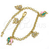 Oro Laminado Charm Bracelet, Gold Filled Style Elephant and Fish Design, with White Crystal, Multicolor Enamel Finish, Golden Finish, 03.63.1365.07