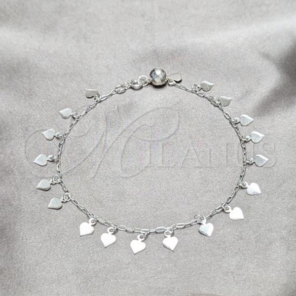 Sterling Silver Fancy Anklet, Heart Design, Polished, Silver Finish, 03.409.0051.10