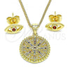 Oro Laminado Earring and Pendant Adult Set, Gold Filled Style Evil Eye Design, with Multicolor Micro Pave, Polished, Golden Finish, 10.156.0397.1