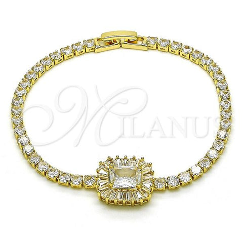 Oro Laminado Tennis Bracelet, Gold Filled Style Cluster and Baguette Design, with White Cubic Zirconia, Polished, Golden Finish, 03.283.0394.07