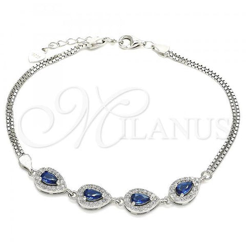 Sterling Silver Fancy Bracelet, Teardrop Design, with Sapphire Blue and White Cubic Zirconia, Polished, Rhodium Finish, 03.286.0015.1.07