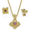 Oro Laminado Earring and Pendant Adult Set, Gold Filled Style Flower Design, with Amethyst Crystal, Polished, Golden Finish, 10.160.0098.1