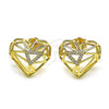 Oro Laminado Stud Earring, Gold Filled Style Heart Design, with White Micro Pave, Polished, Golden Finish, 02.156.0663