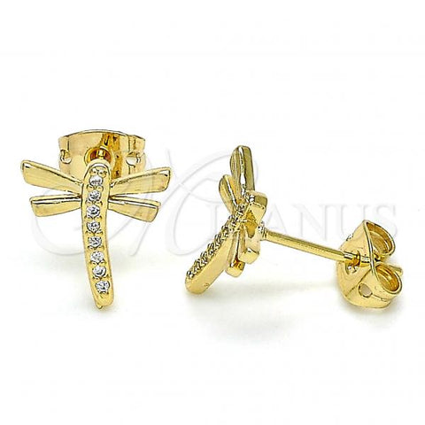 Oro Laminado Stud Earring, Gold Filled Style Dragon-Fly Design, with White Micro Pave, Polished, Golden Finish, 02.342.0079