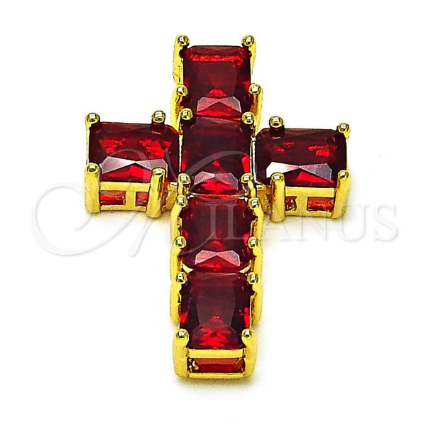 Oro Laminado Religious Pendant, Gold Filled Style Cross Design, with Garnet Cubic Zirconia, Polished, Golden Finish, 05.341.0100.2