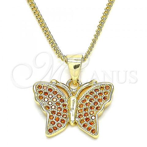 Oro Laminado Pendant Necklace, Gold Filled Style Butterfly Design, with Garnet Micro Pave, Polished, Golden Finish, 04.156.0305.2.20