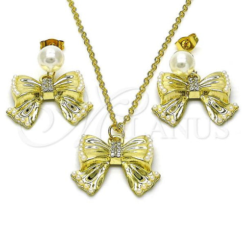 Oro Laminado Earring and Pendant Adult Set, Gold Filled Style Bow and Ball Design, with Ivory Pearl, Polished, Golden Finish, 10.417.0001