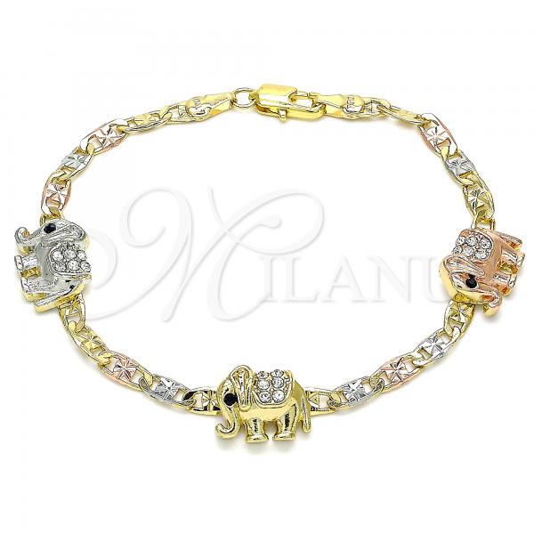 Oro Laminado Fancy Bracelet, Gold Filled Style Elephant Design, with White and Black Crystal, Polished, Tricolor, 03.380.0047.08