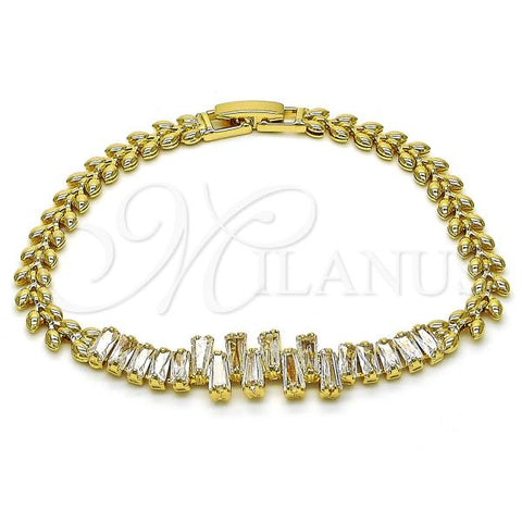 Oro Laminado Fancy Bracelet, Gold Filled Style Baguette and Leaf Design, with White Cubic Zirconia, Polished, Golden Finish, 03.283.0391.07