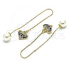 Oro Laminado Threader Earring, Gold Filled Style Heart Design, with Multicolor Micro Pave, Polished, Golden Finish, 02.210.0336.1