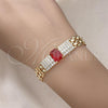 Oro Laminado Fancy Bracelet, Gold Filled Style Bismark Design, with Ruby Cubic Zirconia and White Micro Pave, Polished, Golden Finish, 03.283.0303.1.07