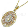 Oro Laminado Fancy Pendant, Gold Filled Style Guadalupe Design, with White Crystal, Polished, Tricolor, 05.380.0009