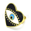 Oro Laminado Elegant Ring, Gold Filled Style Evil Eye and Heart Design, Black Enamel Finish, Golden Finish, 01.313.0008.1 (One size fits all)