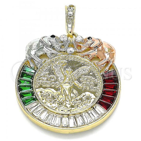 Oro Laminado Religious Pendant, Gold Filled Style Centenario Coin and Angel Design, with Garnet and Green Crystal, Polished, Tricolor, 05.380.0030.1