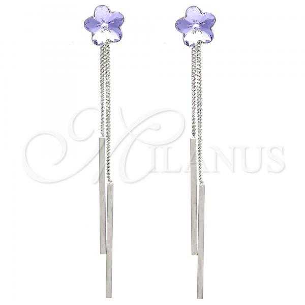 Rhodium Plated Long Earring, Flower Design, with Amethyst Swarovski Crystals, Polished, Rhodium Finish, 02.239.0022.2