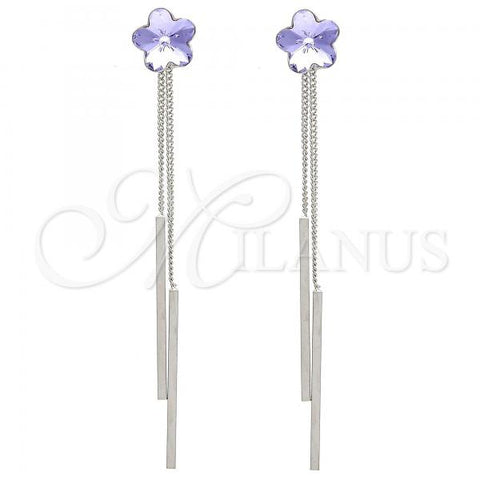 Rhodium Plated Long Earring, Flower Design, with Amethyst Swarovski Crystals, Polished, Rhodium Finish, 02.239.0022.2