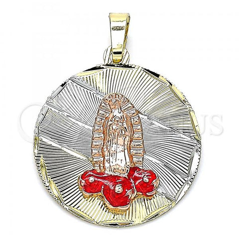 Oro Laminado Religious Pendant, Gold Filled Style Guadalupe and Flower Design, Red Enamel Finish, Tricolor, 05.380.0105