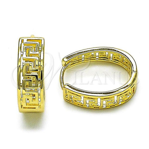 Oro Laminado Huggie Hoop, Gold Filled Style Greek Key Design, Polished, Golden Finish, 02.213.0613.16