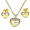 Oro Laminado Earring and Pendant Adult Set, Gold Filled Style Heart Design, with White Micro Pave, Polished, Golden Finish, 10.156.0279.1