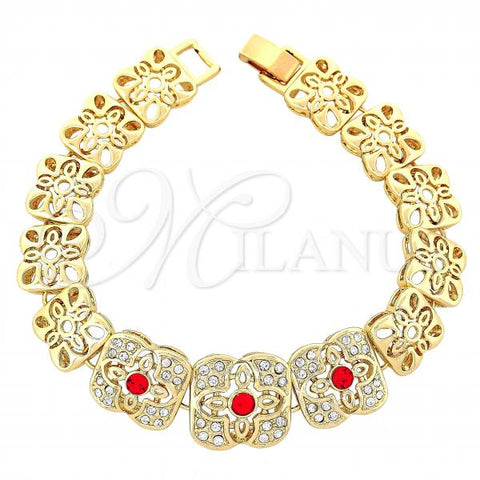 Oro Laminado Fancy Bracelet, Gold Filled Style Flower Design, with Garnet and White Crystal, Polished, Golden Finish, 03.91.0046.1.08
