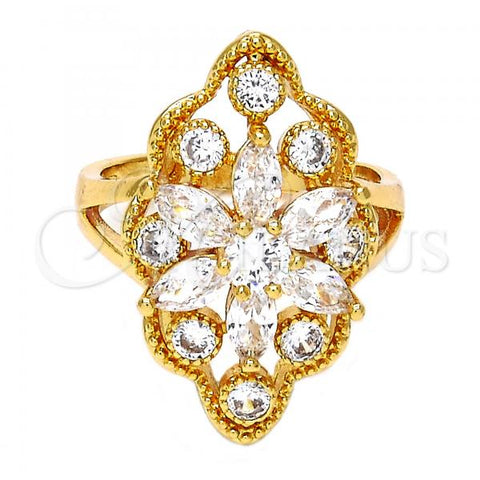 Oro Laminado Multi Stone Ring, Gold Filled Style Flower Design, with White Cubic Zirconia, Polished, Golden Finish, 01.210.0015.09 (Size 9)