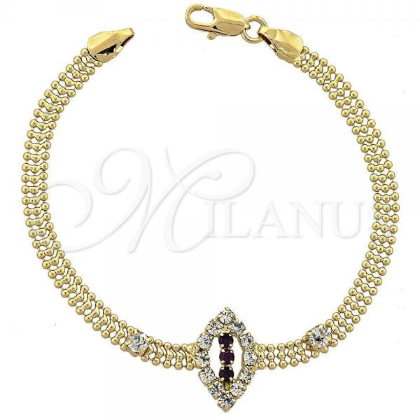 Oro Laminado Fancy Bracelet, Gold Filled Style with Amethyst and White Cubic Zirconia, Polished, Golden Finish, 5.024.005