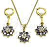 Oro Laminado Earring and Pendant Adult Set, Gold Filled Style Flower Design, with Amethyst and White Cubic Zirconia, Polished, Golden Finish, 10.387.0011.2