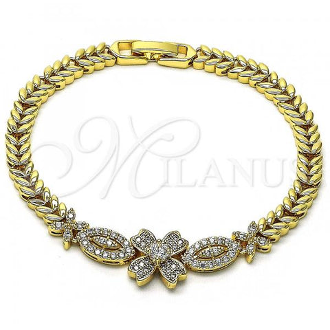 Oro Laminado Fancy Bracelet, Gold Filled Style Flower Design, with White Cubic Zirconia and White Micro Pave, Polished, Golden Finish, 03.283.0105.07