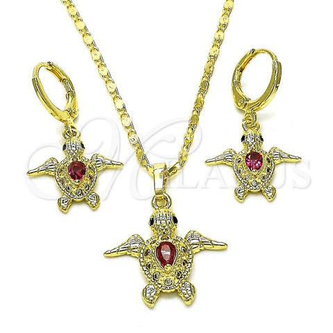 Oro Laminado Earring and Pendant Adult Set, Gold Filled Style Turtle Design, with Ruby Cubic Zirconia, Polished, Golden Finish, 10.196.0140.1