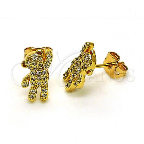 Oro Laminado Stud Earring, Gold Filled Style Teddy Bear Design, with White Micro Pave, Polished, Golden Finish, 02.342.0211