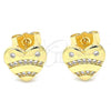 Oro Laminado Stud Earring, Gold Filled Style Heart Design, with White Micro Pave, Polished, Golden Finish, 02.156.0521