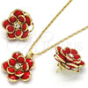 Oro Laminado Earring and Pendant Adult Set, Gold Filled Style Flower Design, with Garnet and White Crystal, Polished, Golden Finish, 10.64.0156.1