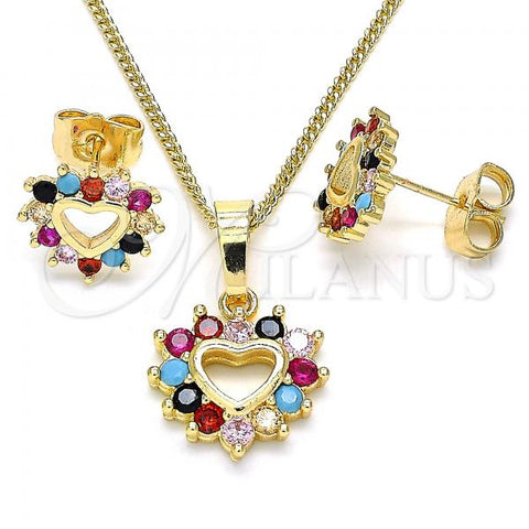 Oro Laminado Earring and Pendant Adult Set, Gold Filled Style Heart Design, with Multicolor Cubic Zirconia, Polished, Golden Finish, 10.233.0042.2