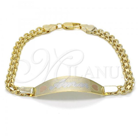 Oro Laminado ID Bracelet, Gold Filled Style Heart Design, Polished, Tricolor, 03.63.1916.1.08