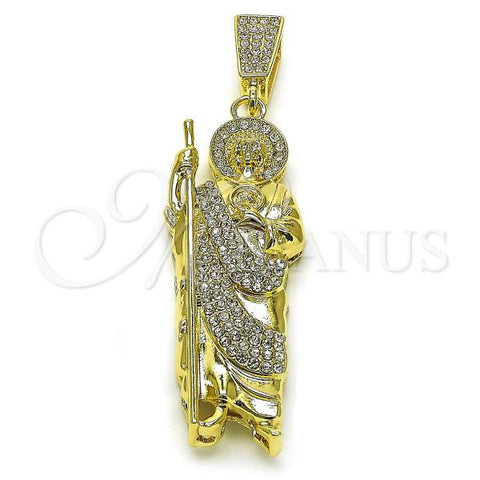 Oro Laminado Religious Pendant, Gold Filled Style San Judas Design, with White Crystal, Polished, Golden Finish, 05.411.0062