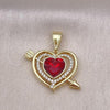 Oro Laminado Fancy Pendant, Gold Filled Style Heart and Arrow Design, with Garnet Crystal and White Micro Pave, Polished, Golden Finish, 05.411.0028