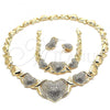 Oro Laminado Necklace, Bracelet and Earring, Gold Filled Style Heart and Hugs and Kisses Design, with White Crystal, Polished, Golden Finish, 06.372.0018