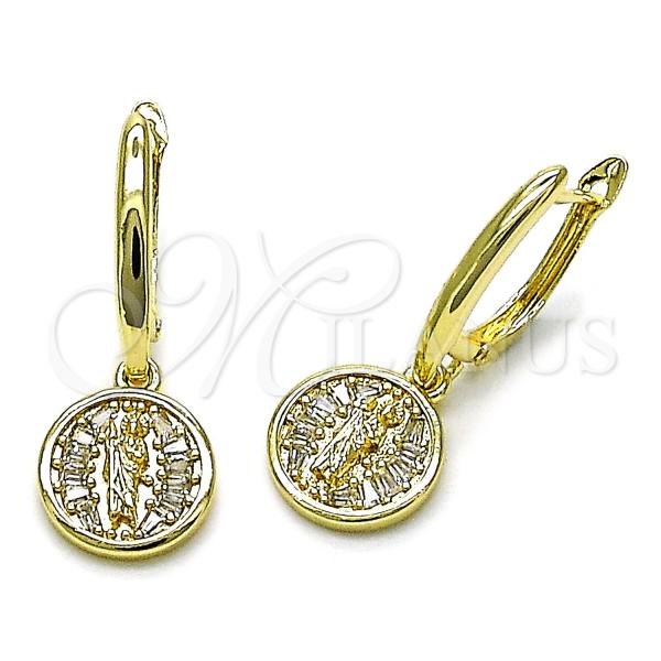 Oro Laminado Dangle Earring, Gold Filled Style San Judas and Baguette Design, with White Cubic Zirconia, Polished, Golden Finish, 02.253.0088