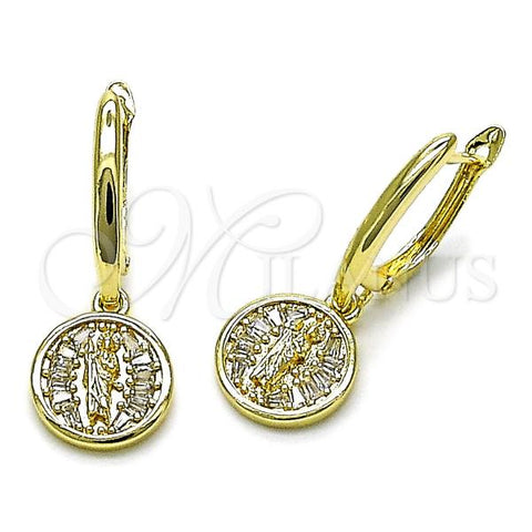 Oro Laminado Dangle Earring, Gold Filled Style San Judas and Baguette Design, with White Cubic Zirconia, Polished, Golden Finish, 02.253.0088