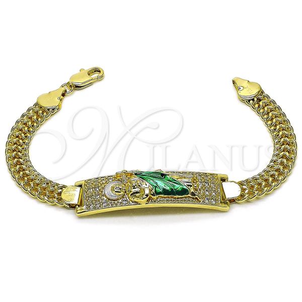 Oro Laminado ID Bracelet, Gold Filled Style San Judas and Miami Cuban Design, with White Cubic Zirconia, Polished, Tricolor, 03.411.0058.08