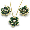 Oro Laminado Earring and Pendant Adult Set, Gold Filled Style Flower Design, with Green and White Crystal, Polished, Golden Finish, 10.64.0158.3