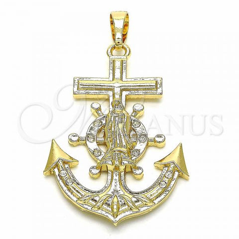 Oro Laminado Religious Pendant, Gold Filled Style Anchor and Guadalupe Design, with White Crystal, Polished, Golden Finish, 05.351.0057