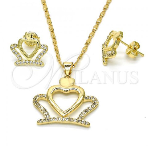 Oro Laminado Earring and Pendant Adult Set, Gold Filled Style Crown and Heart Design, with White Cubic Zirconia, Polished, Golden Finish, 10.156.0172