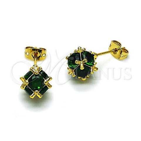 Oro Laminado Stud Earring, Gold Filled Style Ball Design, with Green Cubic Zirconia, Polished, Golden Finish, 02.342.0360.1