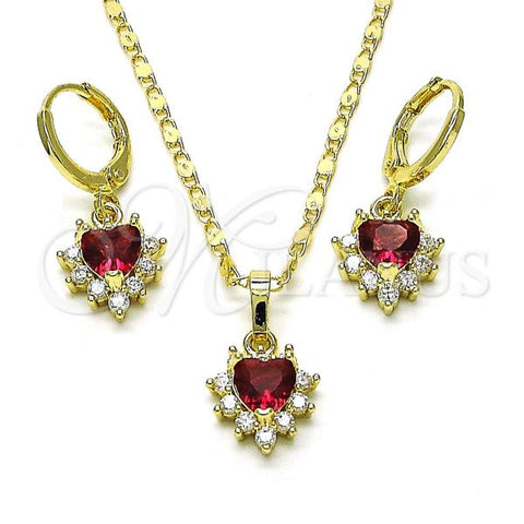 Oro Laminado Earring and Pendant Adult Set, Gold Filled Style Heart and Cluster Design, with Ruby and White Cubic Zirconia, Polished, Golden Finish, 10.196.0145.1