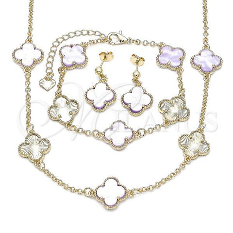 Oro Laminado Necklace, Bracelet and Earring, Gold Filled Style Four-leaf Clover and Rolo Design, with Lavender Mother of Pearl, Diamond Cutting Finish, Golden Finish, 06.414.0004.2