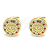 Oro Laminado Stud Earring, Gold Filled Style Heart Design, with Garnet and White Micro Pave, Polished, Golden Finish, 02.156.0481.1