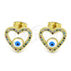 Oro Laminado Stud Earring, Gold Filled Style Heart and Evil Eye Design, with Multicolor Micro Pave, Blue Enamel Finish, Golden Finish, 02.341.0045