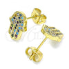 Oro Laminado Stud Earring, Gold Filled Style Hand of God Design, with Multicolor Micro Pave, Polished, Golden Finish, 02.341.0058